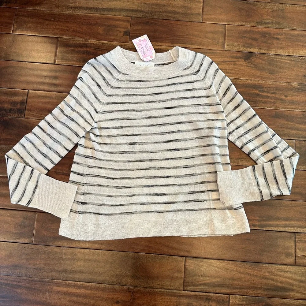 A.L.C. 100% Japanese Yarn Wool 2012 Black/Cream Striped Crew Neck Sweater Sz L - Picture 1 of 6